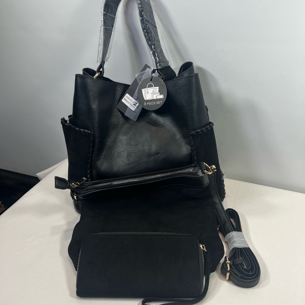 NEW!! Deluxity Los Angeles Black 3 Piece Set Tote Handbag